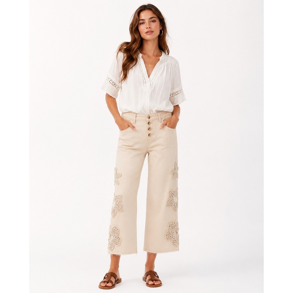Tribal Jeans Audrey Mid Rise Wide Leg Crop Cream Floral Crochet Pants 2P NEW